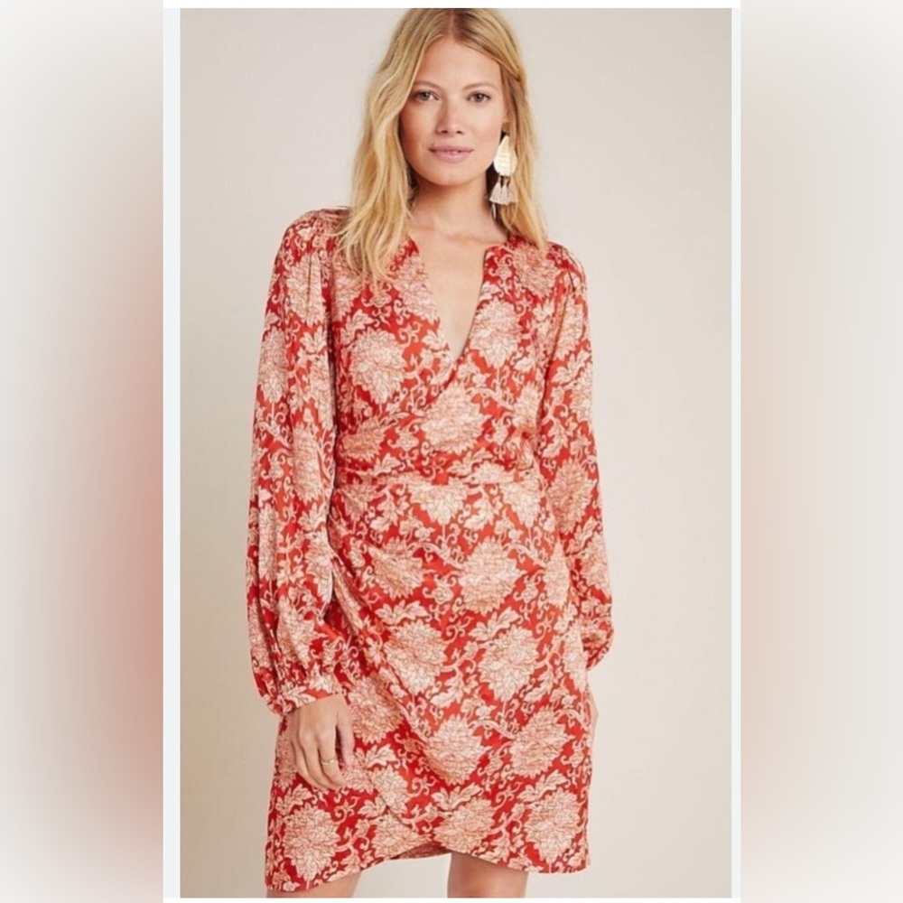 Anthropologie Skylar Surplice‎ Mini Dress Orange-Red Cream Flowers Size 8 - Picture 4 of 12